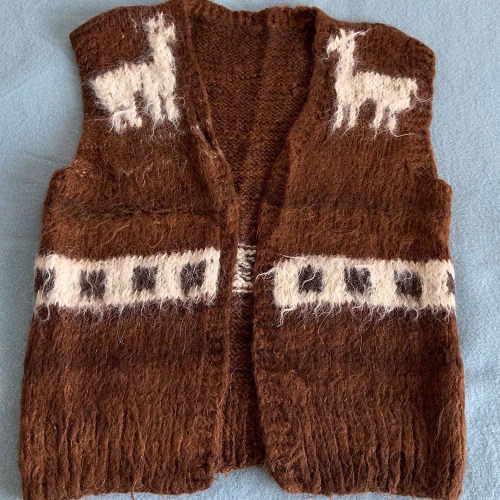 Llama wool brown vest sweater, great design, S/M